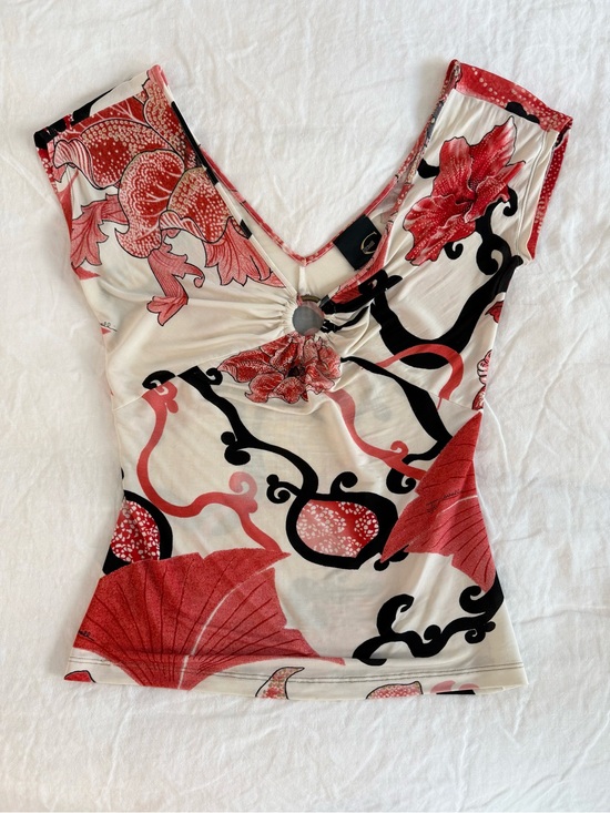Just Cavalli Tops - Just Cavalli Y2K Floral Ring Detail Stretch Top Red Ivory Black Size S